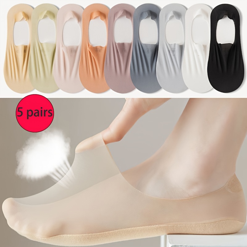 

5 Pairs Solid Ice Silk Socks, Ultra-thin Silicone Non-slip Low Cut Invisible Socks, Women's Stockings & Hosiery