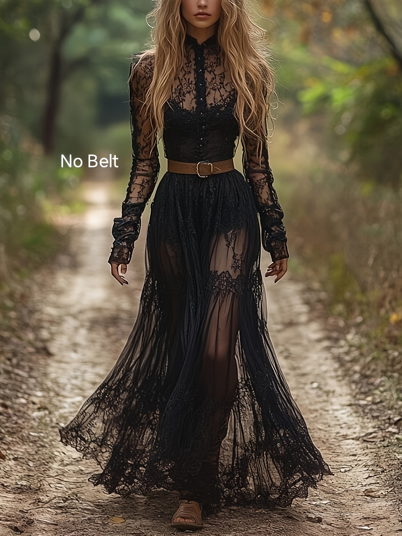 Women'S Boho Chic Style Fashion Black Lace Semi-Sheer Extra-Long Dress,  Mesh Chiffon Umbrella Skirt, Fashion Long-Sleeve Fringe * Lace High-Waist  *-Fit Retro Party Dress, Vacation Evening Wear Elegant ...