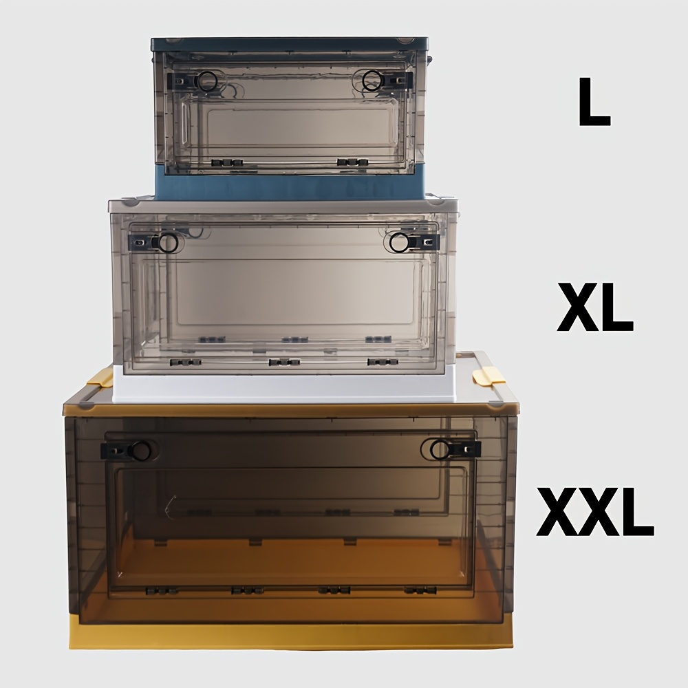 large capacity brown foldable storage box with transparent visibility three way opening for quick folding and storage   with detachable casters for   and a portable pull handle for effortless opening Product details 0