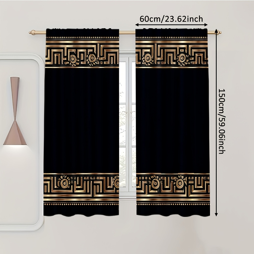TEMU 2D Plat, 2 stuks, 2D PLAATSDRUK Gordijnen (Zonder Stang) Gouden Doolhof Frame Stijlvolle Lichtfilterende Gordijnen Duurzaam 100% Polyester Stof