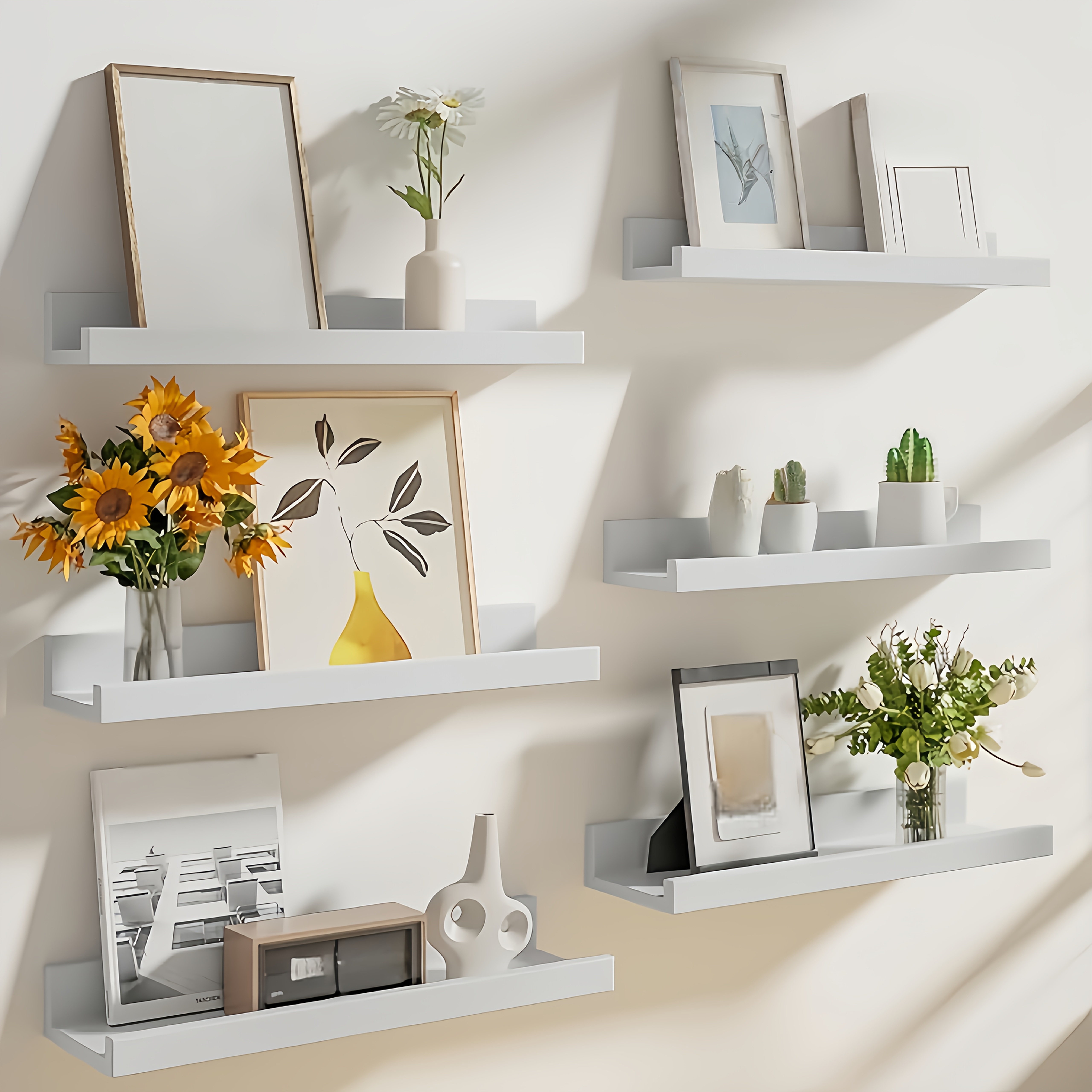 TEMU 6pcs Heavy-duty Wood Floating Shelves Wall-mounted Suitable For Home Decor, 6 Different Sizes With Multi-tier Hanging Shelves, Space-saving