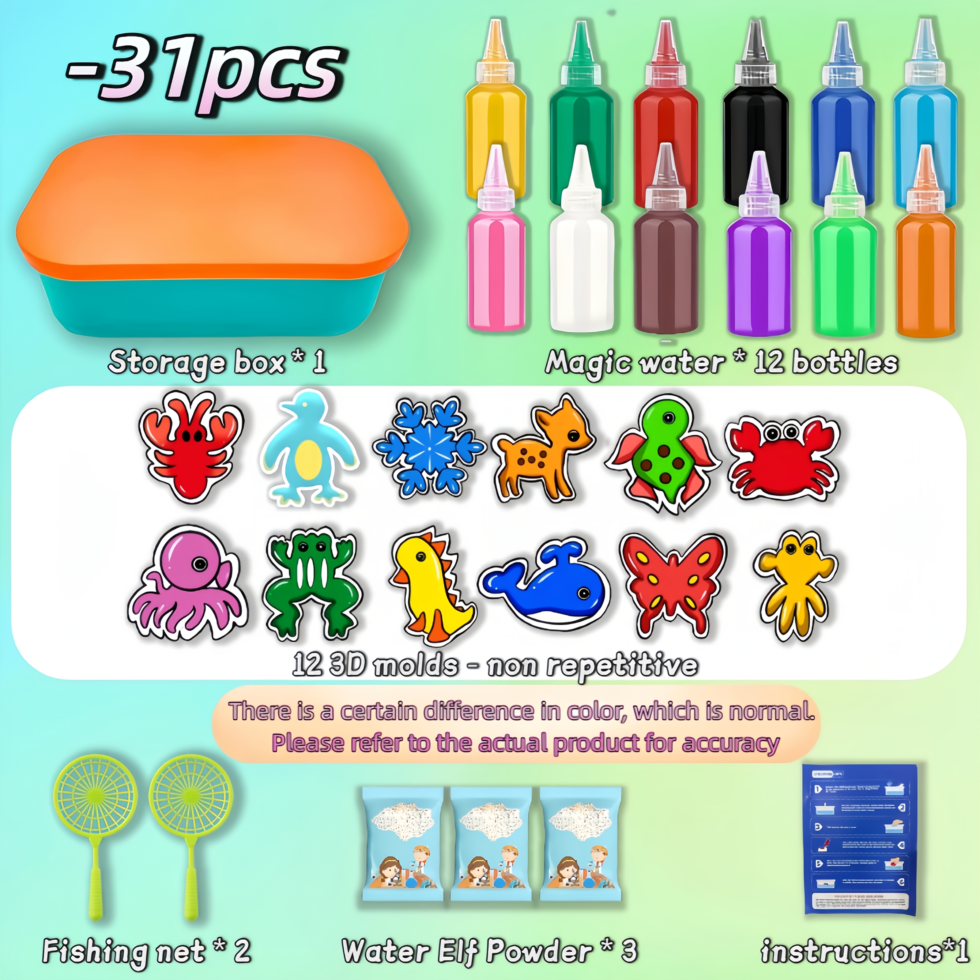 Magical Water Elf Set, Novelty Diy Handmade Toys, Educational Fun Games, Color Recognition, Includes Storage Box, 12 Water, 16 Mold Patterns, Random 12 16, 12 Non Repeating Molds