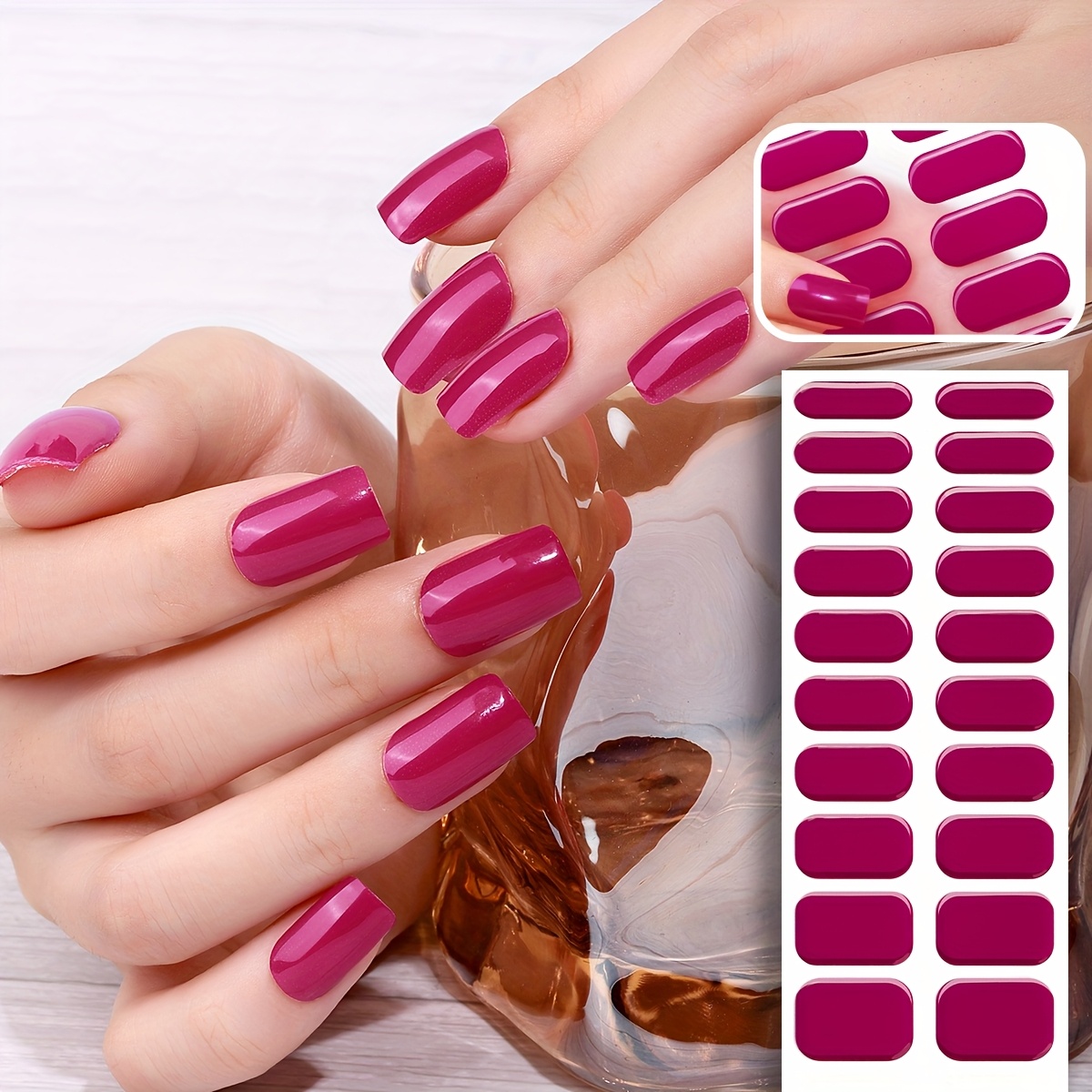 

20pcs Pink, Navy Gel Nail Stickers Set - , Salon-quality Self-adhesive Full Coverage With Nail File, , Uv Light Needed For Manicure