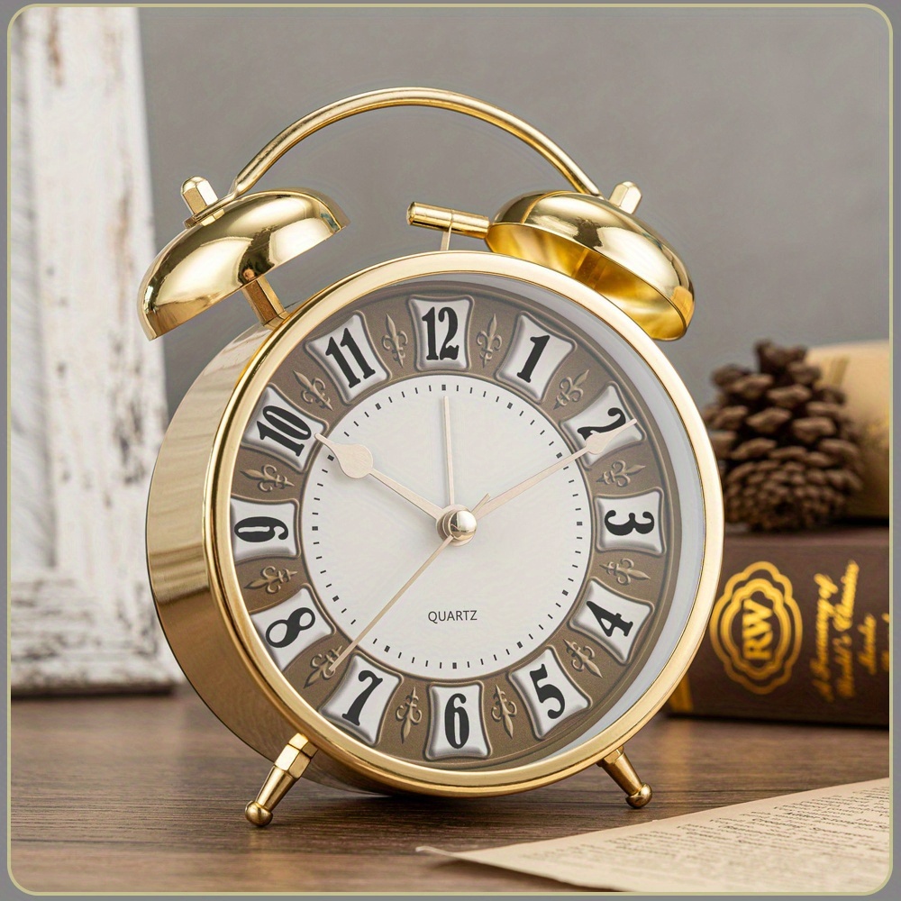 5.9-Inch Metal Retro Luxury Style Bedroom Alarm Clock, Silent Running Time, Mechanical Double Bell Design, Equipped with a Night Light, Can Be Placed in The Living Room, Office Or Dormitory to Add Some Color to The Space, (Batteries Not Included)