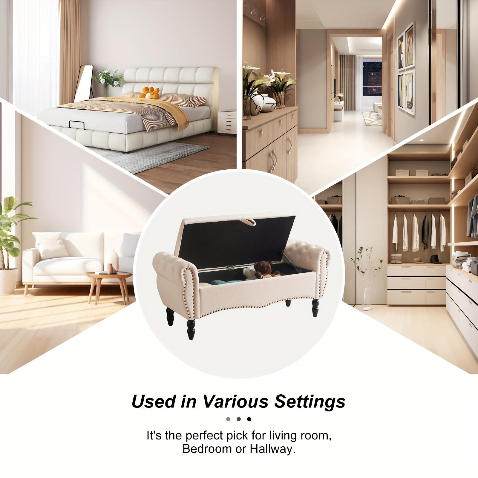 Mid-Century Modern Large Capacity Wooden Storage Box, Bedroom End of Bed Chair with Roll-Up Arms - Spacious Storage Space, Flip-Top Design, Perfect for Bedroom, Living Room, Hallway - Durable, Sturdy, Easy to Assemble