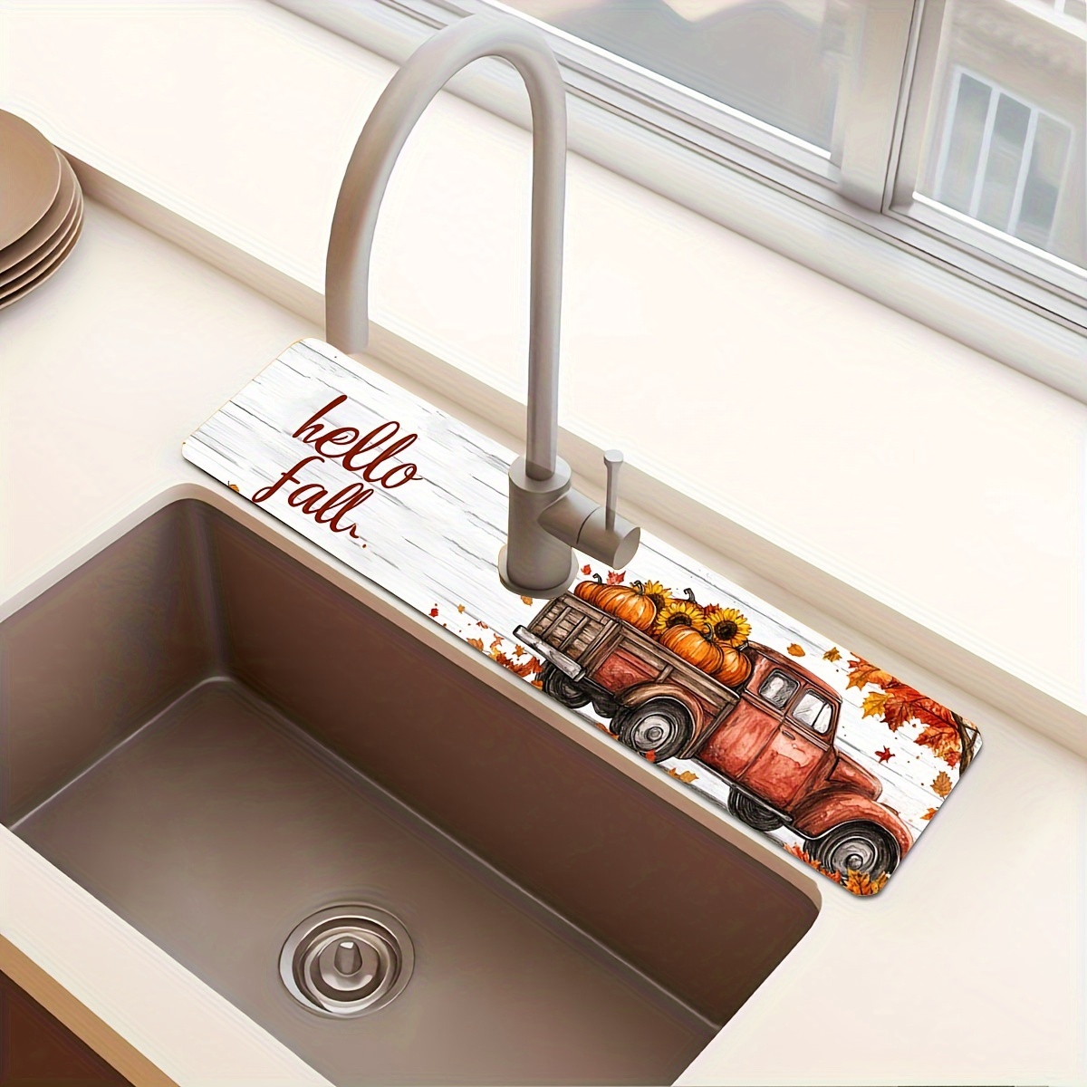 

Festive Fall Kitchen Sink Mat: 1pc Jit Autumn Trucks & Pumpkins Design - Durable Polyester Material, Silicone , Suitable For Kitchen & Bathroom, Great For Thanksgiving Decor, Makes A Perfect Gift