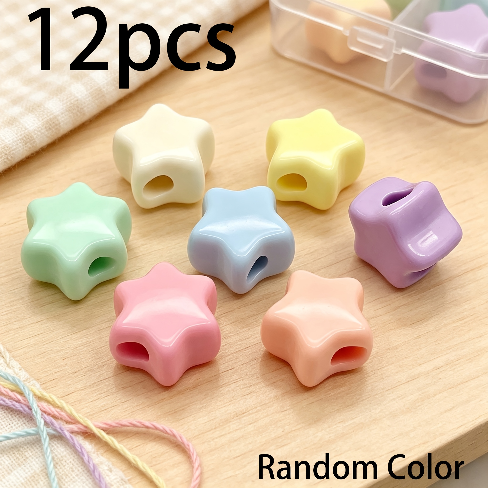 TEMU 12pcs Macaron Glossy Chunky Star Large Hole Beads Acrylic 3d 5 Pointed Star Through Hole Loose Beads Random Color Diy Bracelet Key Lanyard Hand