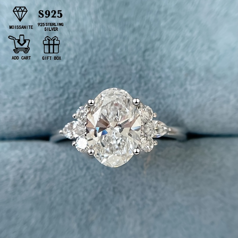 Silvery S925 2ct Moissanite Oval Diamond Ring