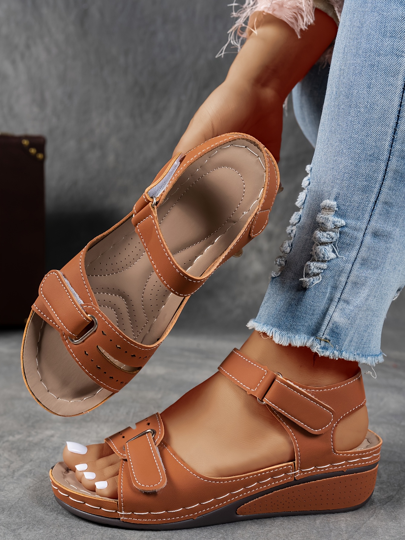   womens beige wedge sandals comfortable open toe platform shoes with adjustable ankle strap perforated design for   casual summer fashion strappy sandals Product details 7