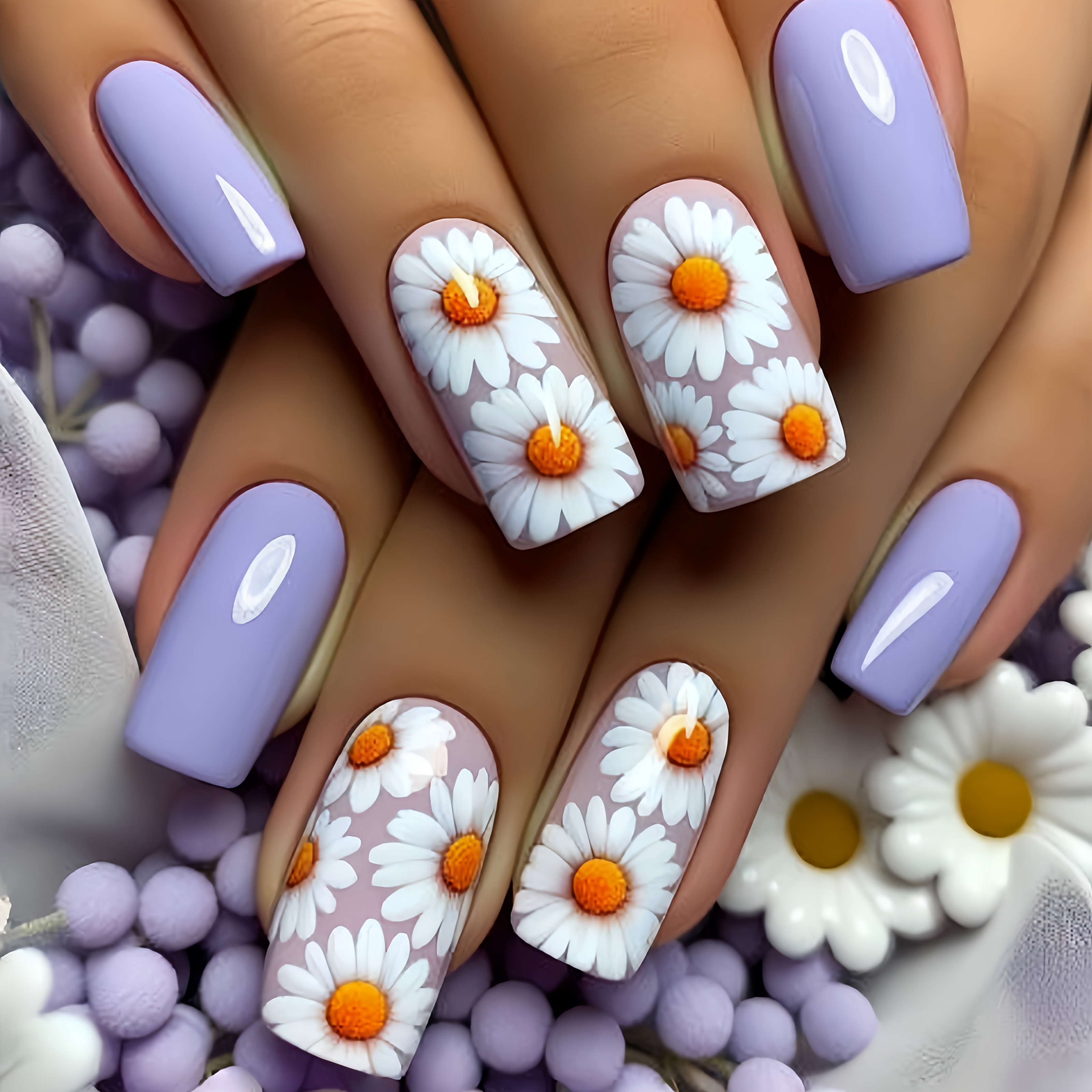 

24pcs Press-on Nails Set, Purple Tones, , Floral & Leaf Pattern, Square Shape, Medium Length, Removable Nail Stickers, Fashionable Spring/summer Nail Art Decor