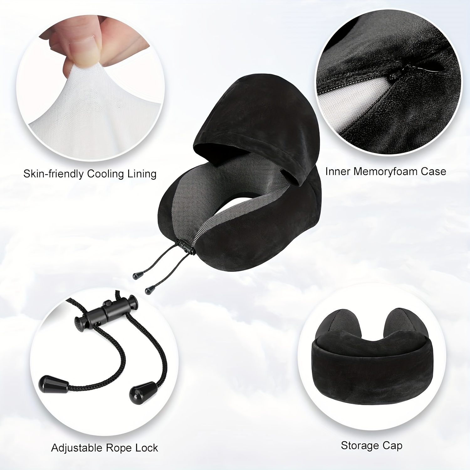 1pc black travel pillow with bag neck pillow for travel with hood for airplane velvet memory foam neck pillow adult head neck support for long flights plane   sleeping rest details 4