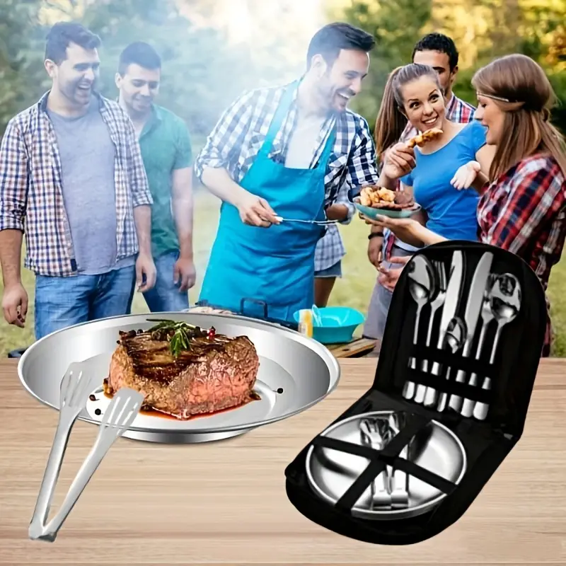 21pcs stainless steel polished portable cutlery set durable outdoor with knife forks plates soup spoons bottle opener coffee spoon tongs storage bag dishwasher safe reusable for travel camping parties more Product details 8