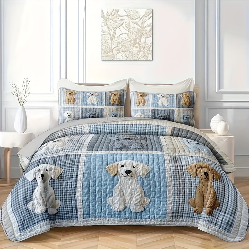 3pcs Quilted Bed Cover Set, 1 Bed Cover + 2 Pillowcases, Dog Print Design, Ultra Soft And Breathable For Bedroom, , Dormitory Use, , Bedroom Decor, Room Decor, Gift