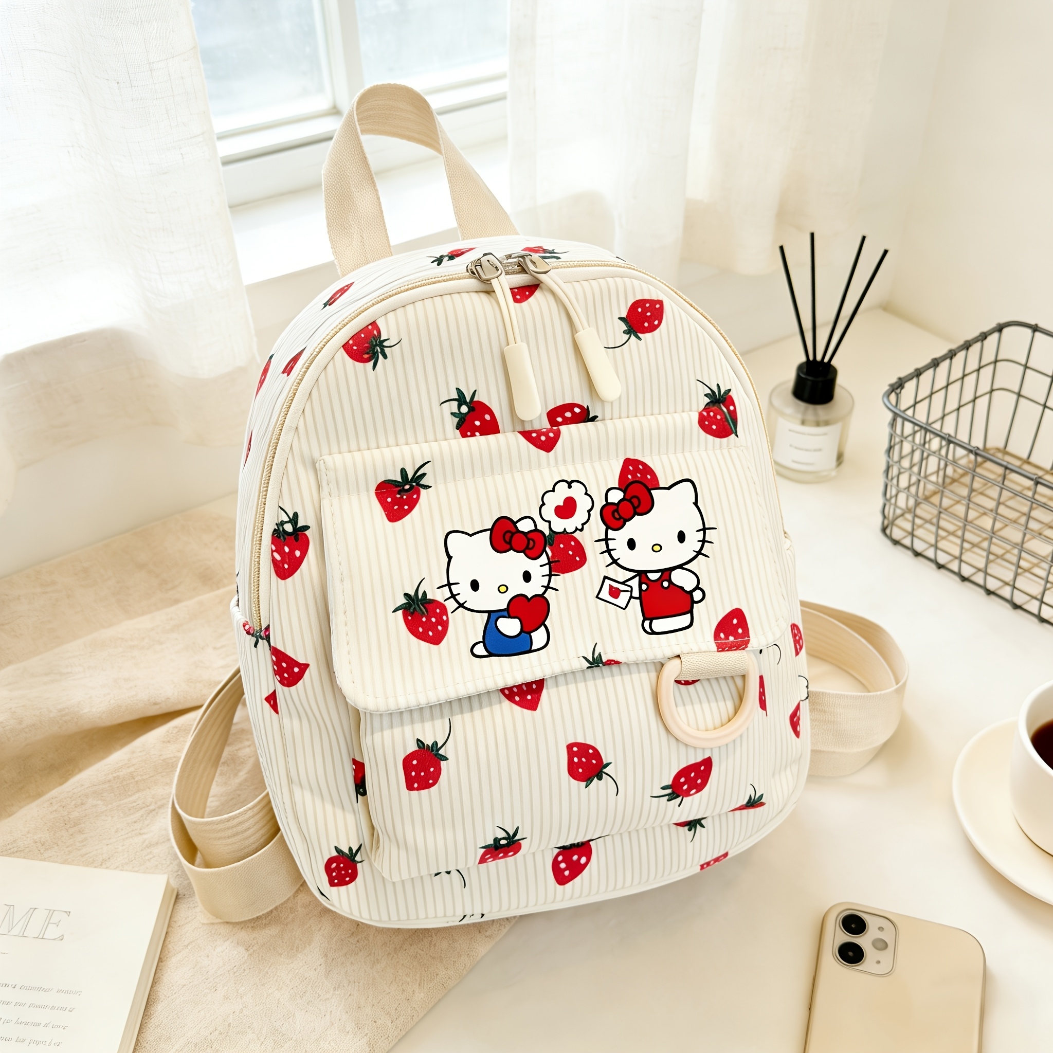 E-shop Sanrio Hello Kitty Damen-Cord-Rucksack mit -Gesicht & ikonischem Aufdruck – Weicher Büchertasche mit verstellbarem Gurt, geeignet für Pendeln,