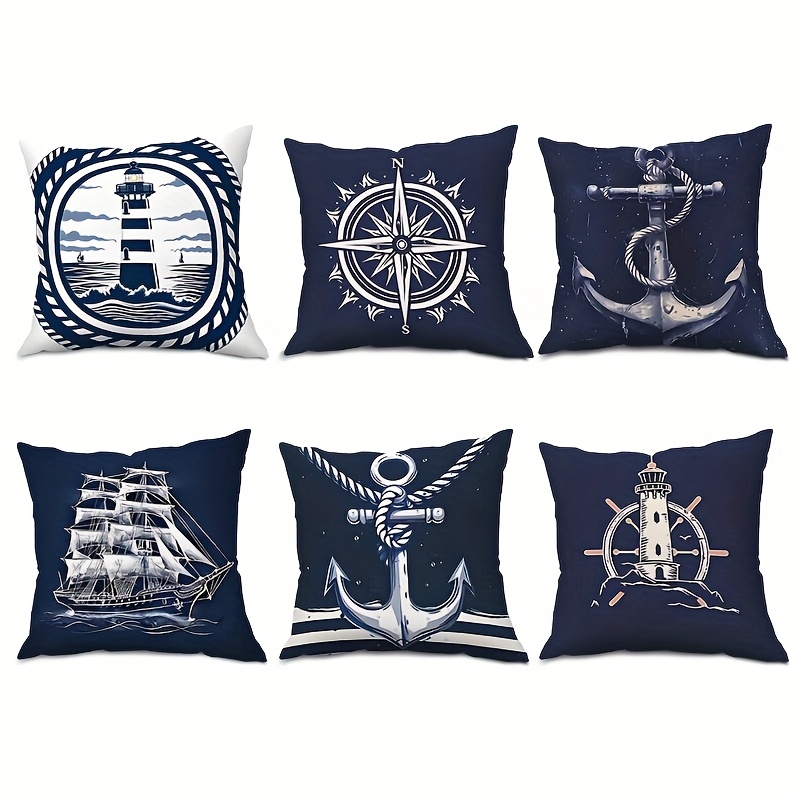 E-shop 6-teiliges modernes -Kissenbezug-Set mit Anker- -Motiven. Geeignet für Wohnzimmer-Sofakissenbezüge, dekorative Kissenbezüge mit Reißverschluss.