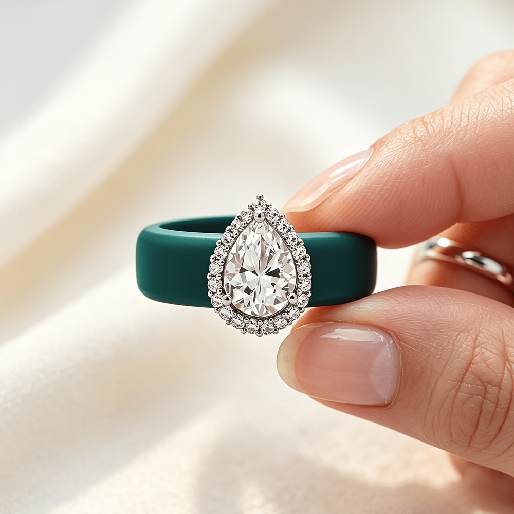 Teardrop-shaped Dark Green Zirconia Silicone Ring, Lightweight