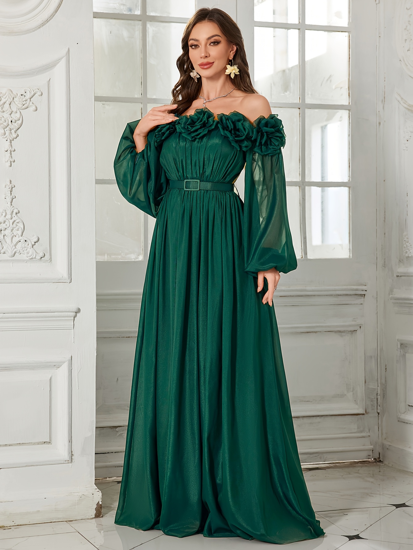 elegant shoulder lantern sleeve chiffon gown women floral - Temu Germany