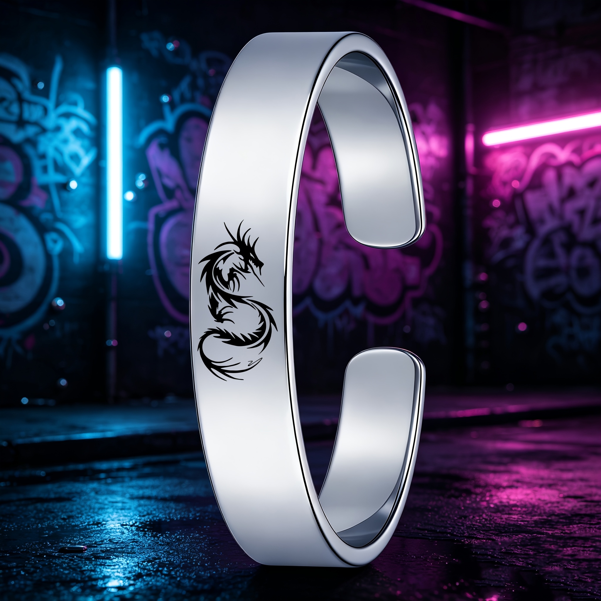 Tribal Dragon Silhouette Design 304 Stainless Steel Open Bangle