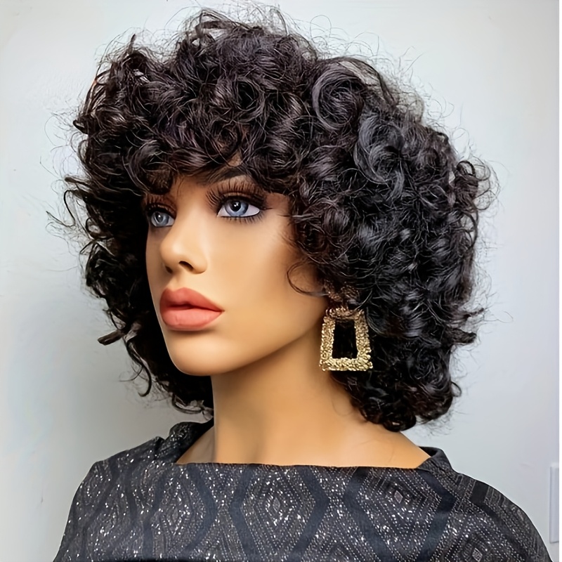 TEMU Perruque courte à boucles naturelles en cheveux humains pour femme avec franges, bouclées et une de 200 %. Cette perruque coupe colle est de