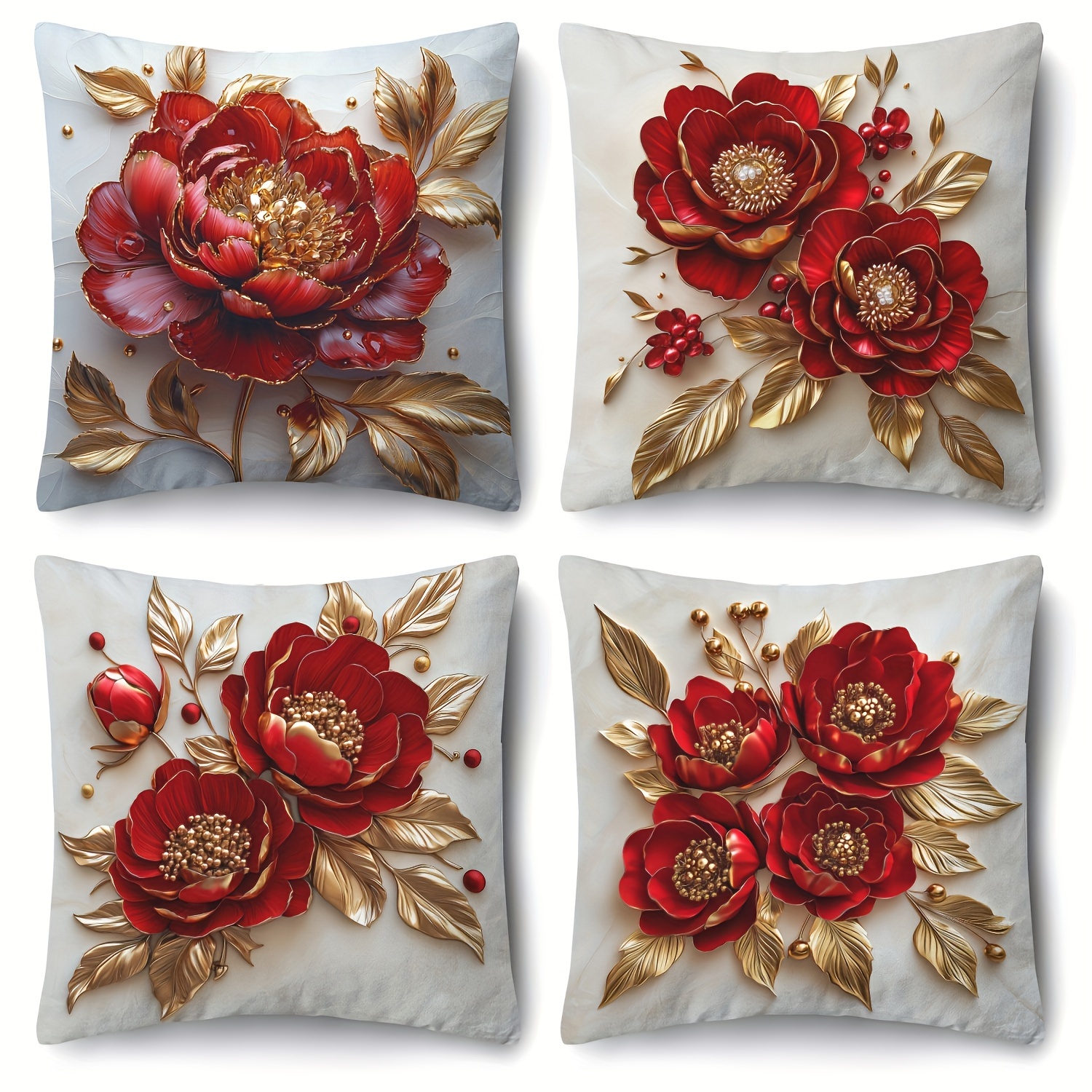 

4pcs Set Of 3d Red Rose Pillowcases, 18x18 Inches - Modern , Zipper Closure, Machine Washable, Suitable For Home, Office, Living Room Decoration, Bedroom Decoration, Linen Pillow