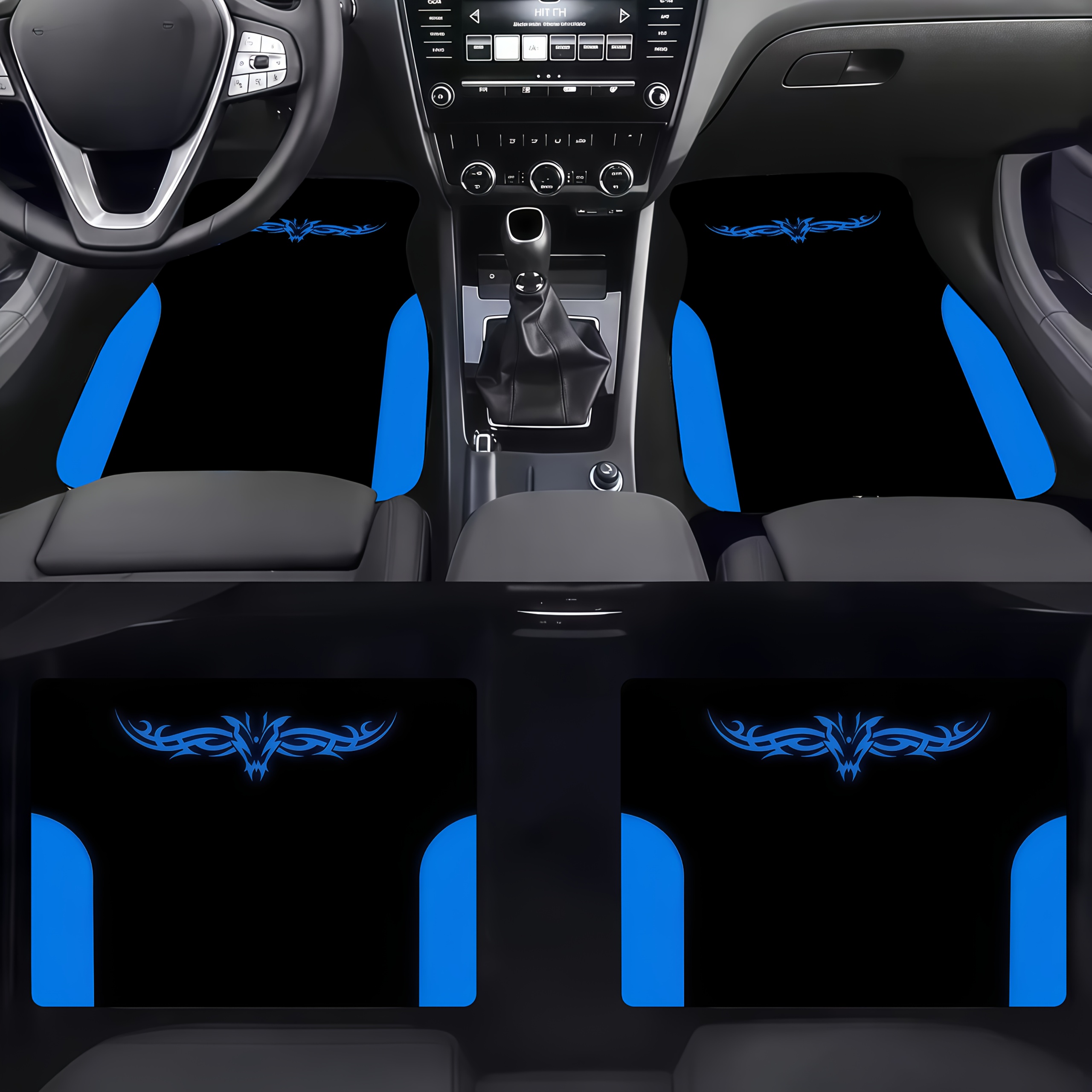 E-shop 4-teiliges Auto-Fußmatten-Set mit schwarz-blauem Stammesmuster-Design. Hergestellt aus Material, ist es sowohl stilvoll als auch langlebig, was