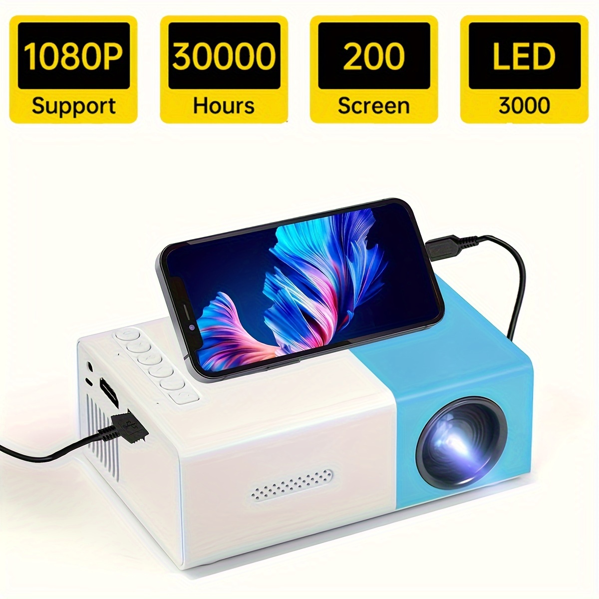 Mini proyector portátil para cine en casa, proyector de teléfono móvil para  proyección de pantalla, 100-240V, enchufe amarillo de EE. UU.