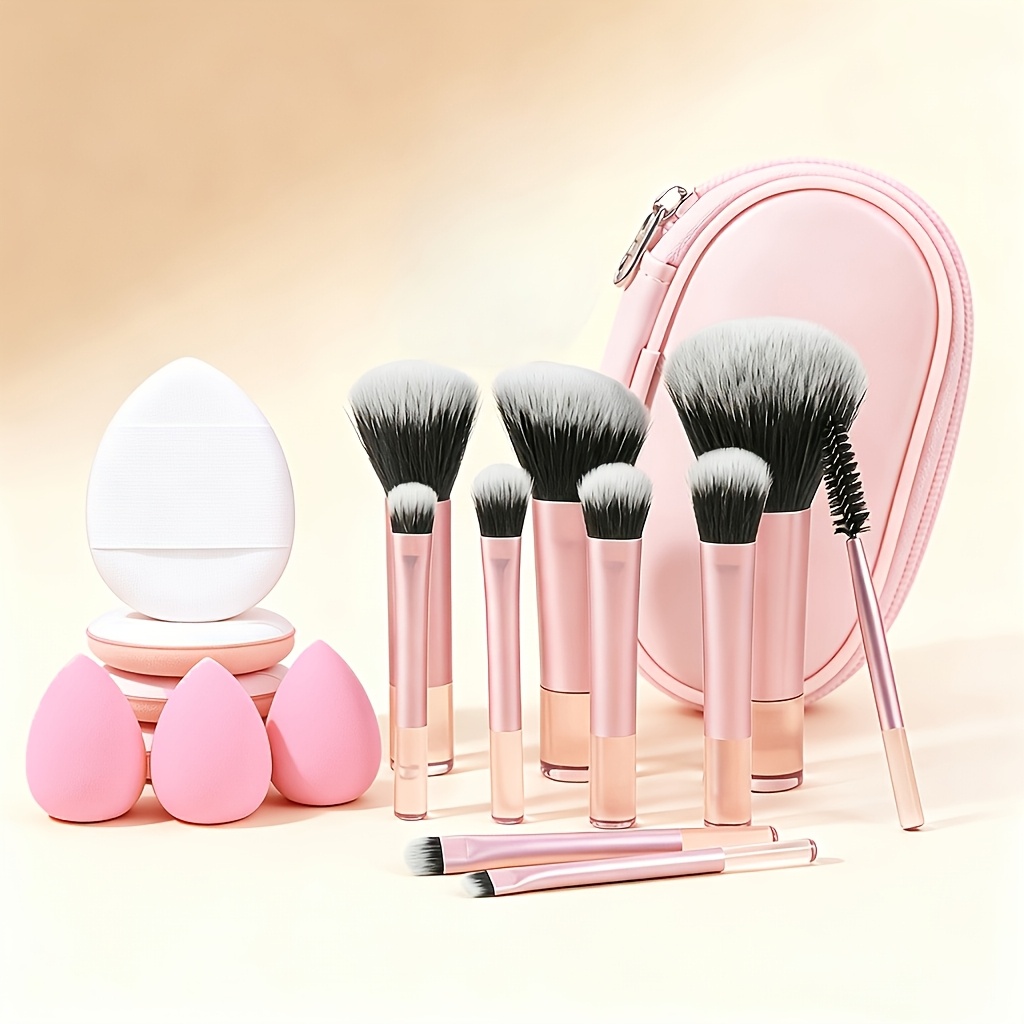 17pcs Pink Travel Makeup Brush Set With Portable Case – Soft Synthetic Bristles, Includes Beauty Sponges &,…: retailer-supplied image