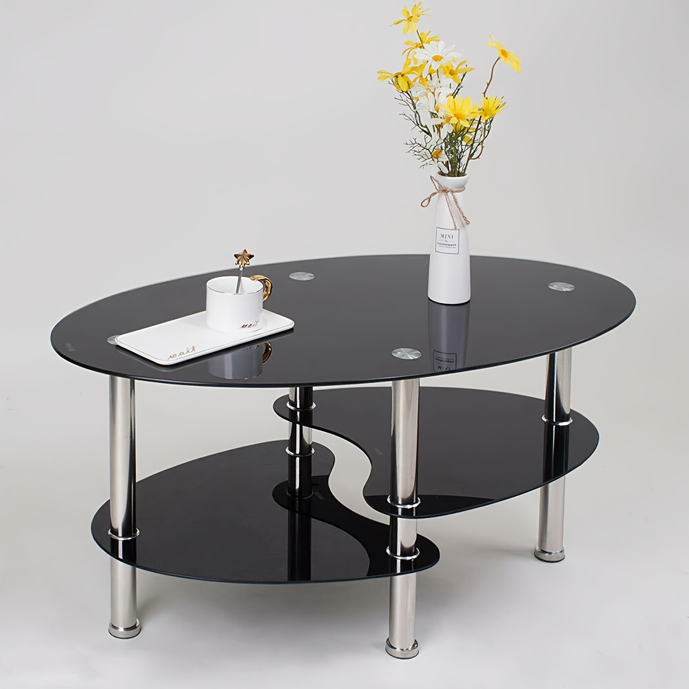 Sleek And Easy Tempered Glass Coffee Table For The Living Room, Featuring Metal Legs, A Round Nesting Design, And 2 Shelves Measuring 90x50x43 Cm In