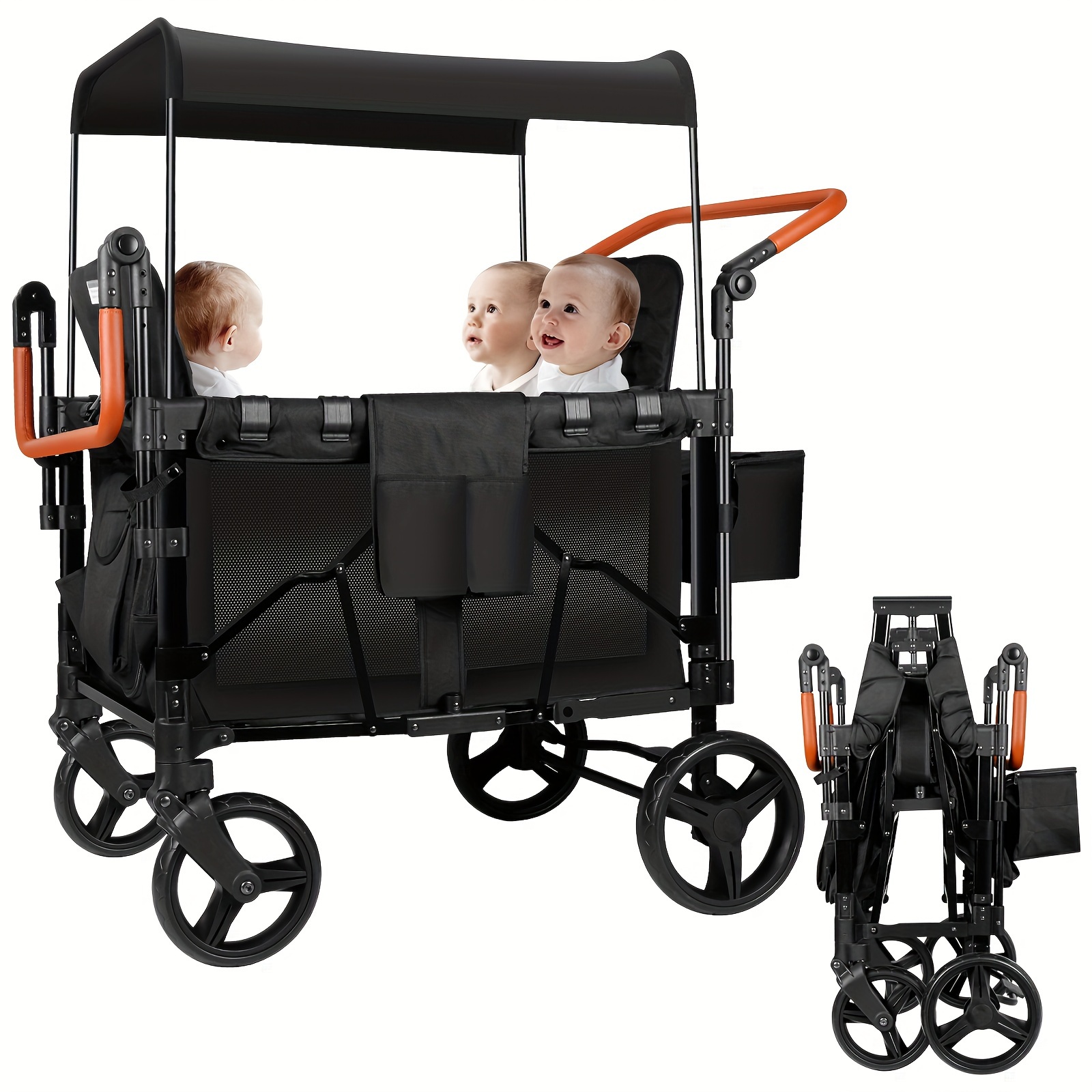 Poussette de luxe confortable Wagon pliable places avec auvent réglable  Noir