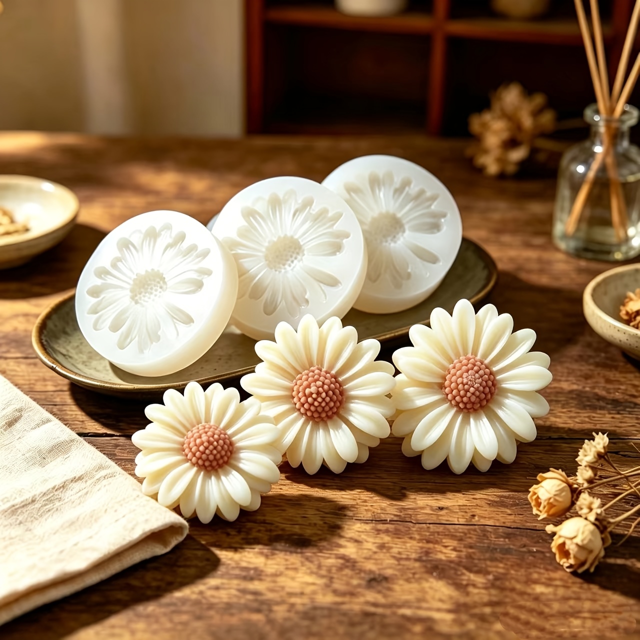 TEMU Set di 3 stampi in silicone per candele a forma di margherita - Design realistico 3D con petali e , riutilizzabili, adatti per candele, liquido,