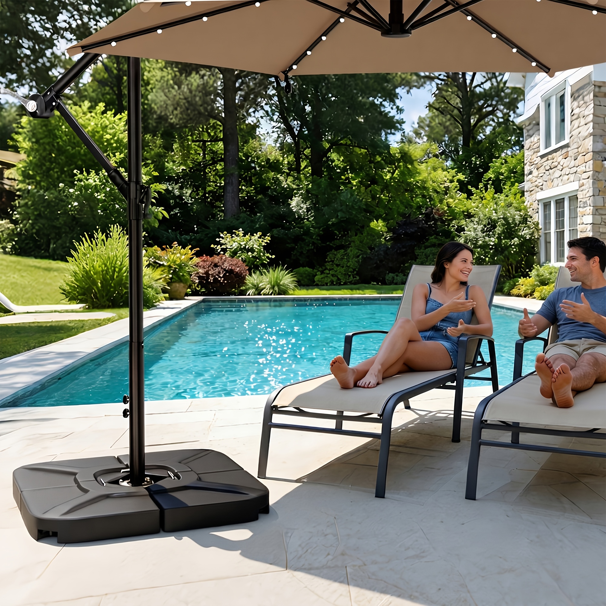 [Sturdy Umbrella Stand] Sturdy 4-Part Cantilever Umbrella Stand - 290Lbs Square Base That Can Be Filled with Sand Or Water, Ideal for Offset Patio Umbrellas, Suitable for Gardens, Pools, Decks, And Backyards