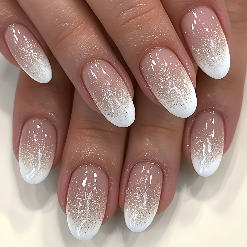 24pcs Medium Length Oval Shape Press-on Nails Glitter Ombre Style Daily Wear Convenient And Easy To