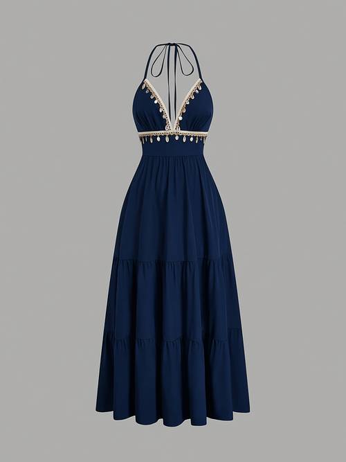 plus size womens plus size elegant vintage solid color spring summer tie back v neck dress with front shell webbing decoration and halter neck tie suitable for vacations beach parties dates and daily