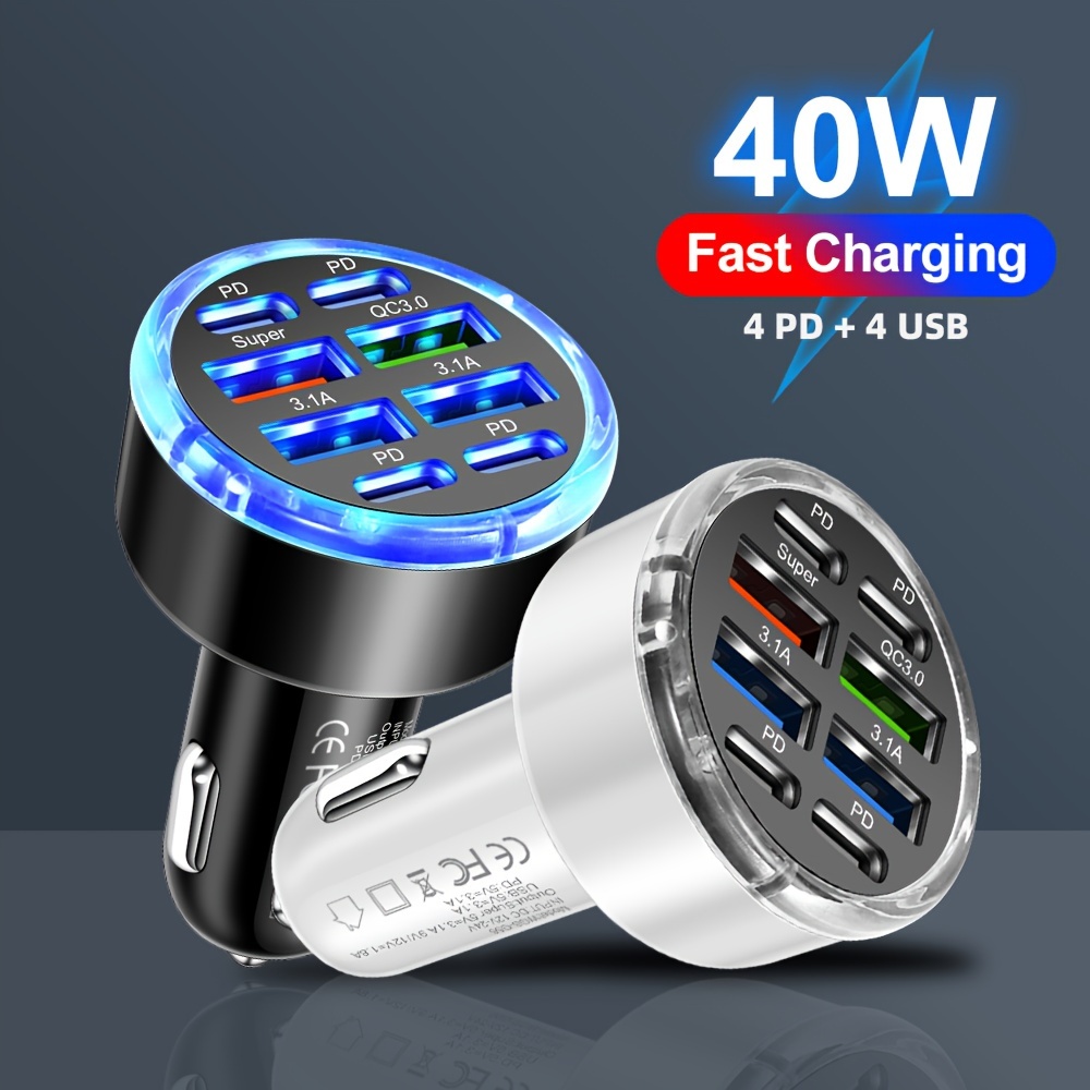 

8 Ports 4pd + 4usb 40w Fast Charging Car Phone Charger Adapter, Qc3.0 Usb Type C Quick Charge Car Charger, Fast Charging Car Phone Charging Adapter