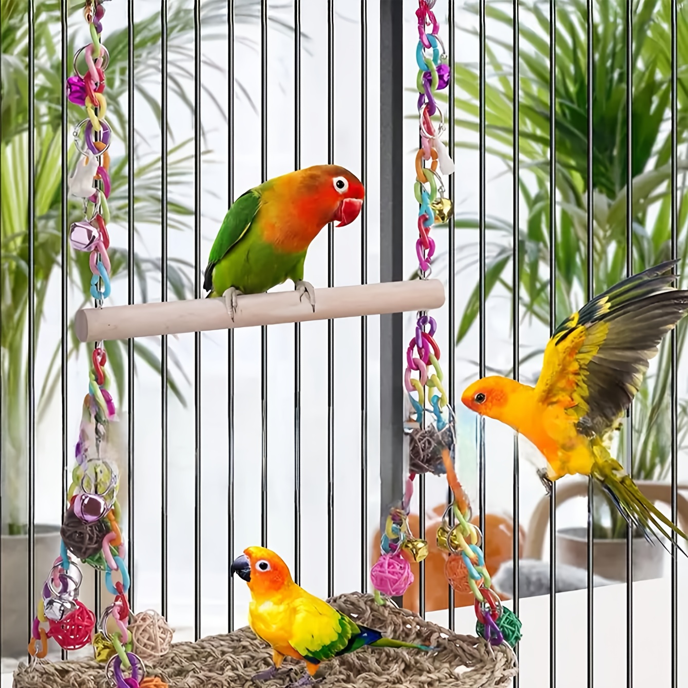 1 Parrot Acrylic Swing Stand, Rattan Ball Colorful Chain Double Layer Swing, Climbing Net Hammock, Educational Bird Supplies, Bird Cage Additions, Parrot Toys, (All Additions Are Randomly Assembled in Color) - Image 8