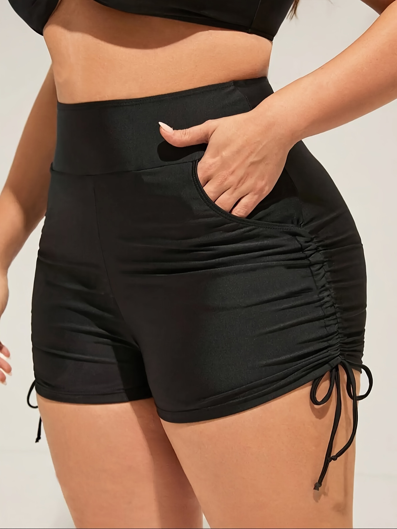 Chic Plus Size High-Waist Bikini Bottoms - Solid Color, Stretchy & Machine Washable