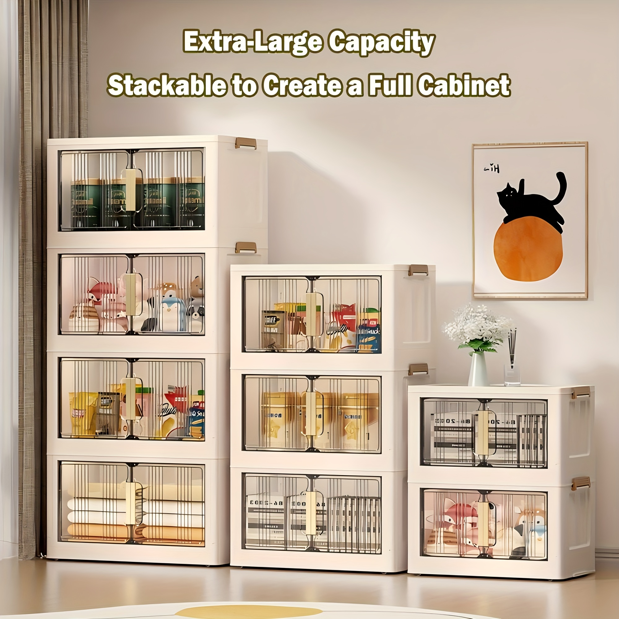 TEMU Collapsible Plastic Storage Cabinet With Lids, Stackable Storage Bins With Wheels, Foldable Organizer For Closet, Bathroom, Home, Office, Dorm