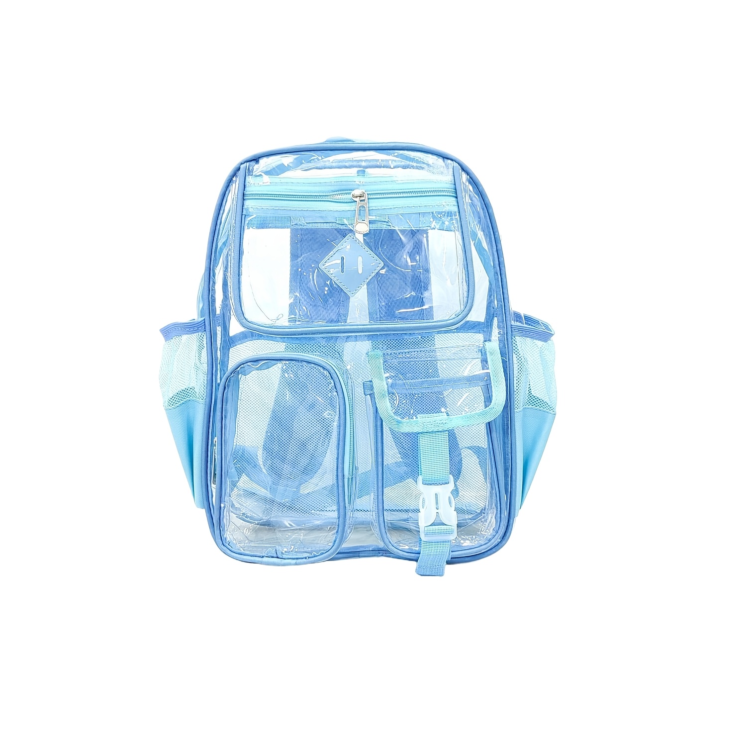 TEMU Transparent Pvc Backpack Large Capacity Foldable Bookbag With Golden Accent Frame & Panels, Adjustable Straps & Zipper Closure Suitable For