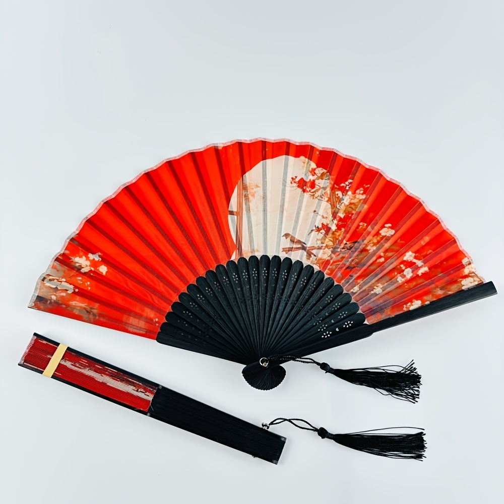 TEMU 1pc Exquisite Ancient-style Folding Fan With Plant Theme - Elegantly Wooden Fan With Tassels, Suitable For Home Use, Dance, And As A Gift