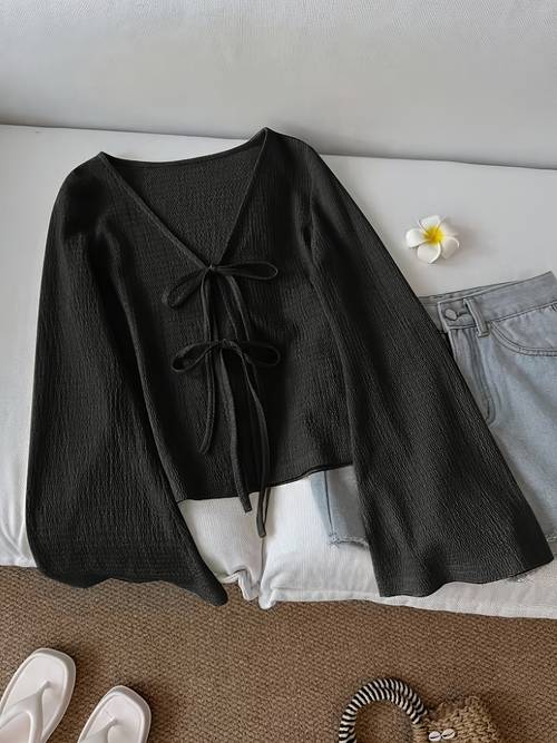 solid color front tie bow open front fashion flared sleeve blouse new womens short top