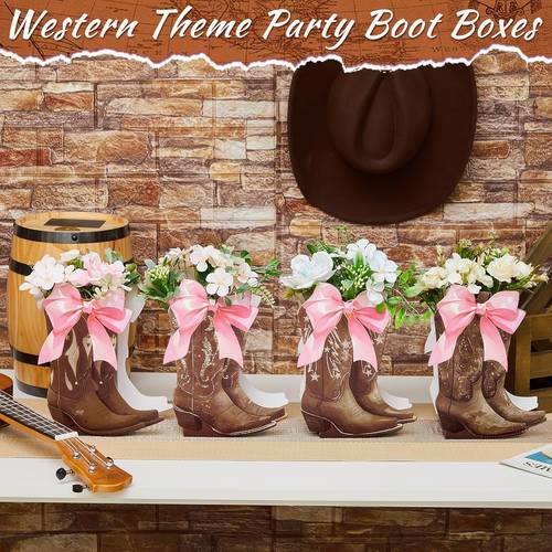 4 16 sets brown western cowboy bow boots flower boxes centerpiece boot shape gift boxes western party decoration vase centerpiece for table boots for rodeo birthday wedding supplies