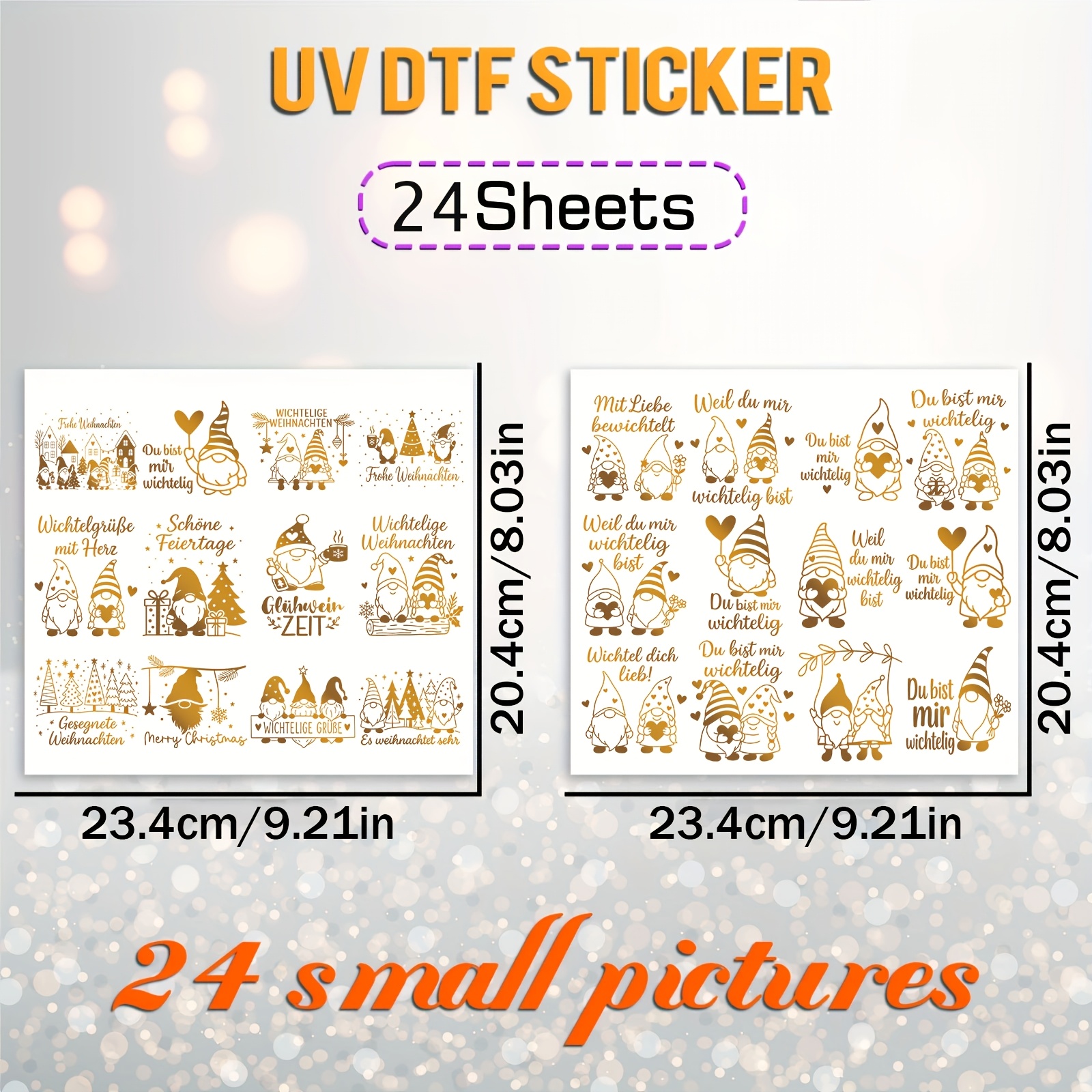 Image of 24pcs German Golden Christmas Theme Gnome Pattern Stickers Uv Dtf Scratch-resistant Vinyl Decals Suitable For Crafts, Cups, Bottles, Laptops, Home Decor, Christmas Wall Removable