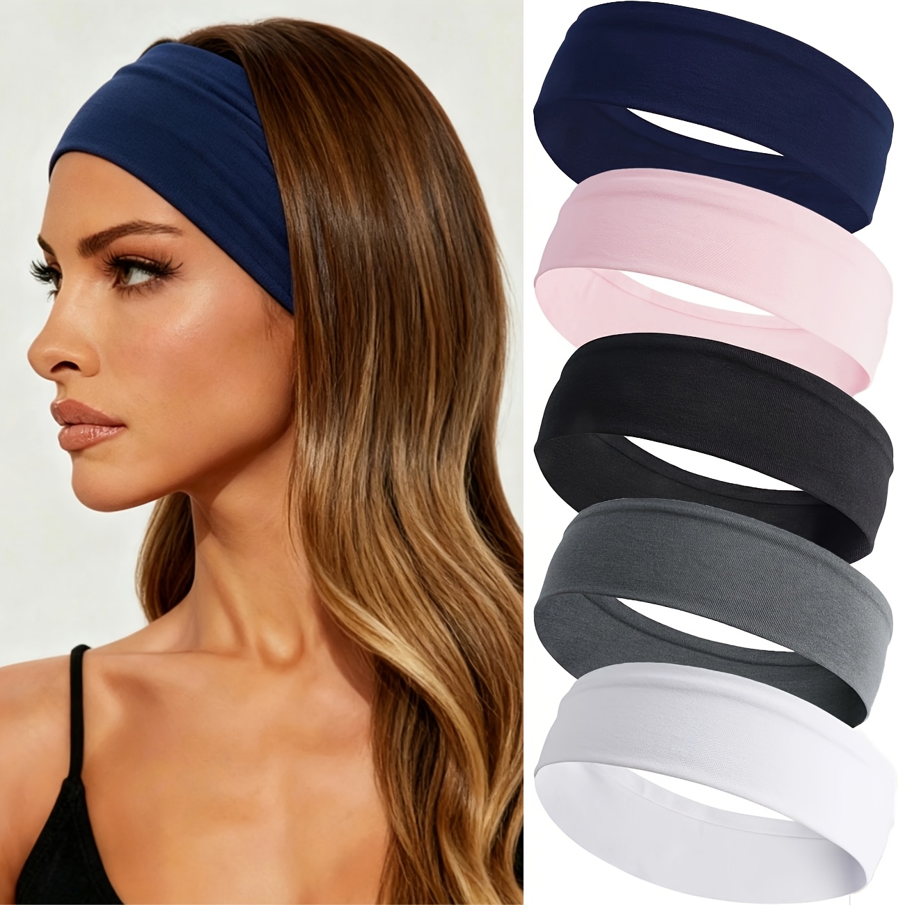 TEMU 5pcs Set Women's Sweat-absorbing Sports Headbands – Thin Headbands, Loose Elastic Solid Color Fabric Headbands, Lightweight Headbands, Suitable