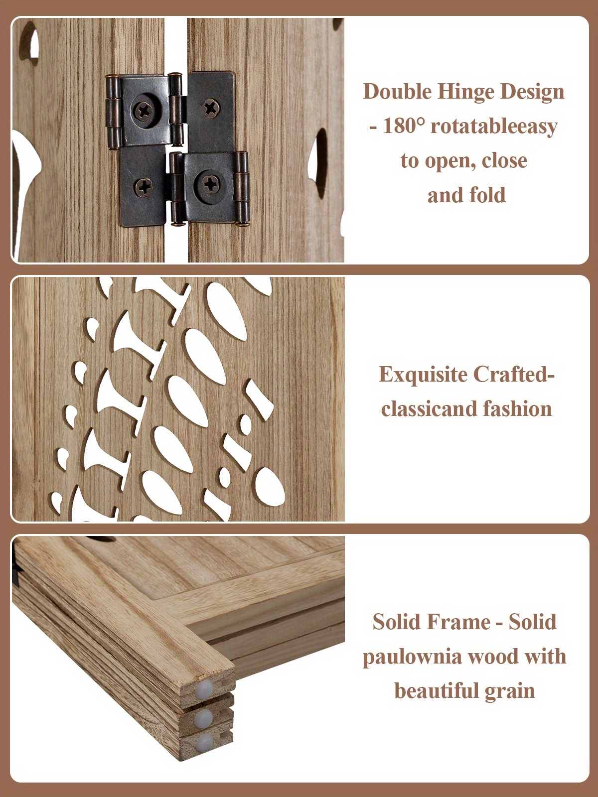 3/6 Panel Boho Folding Room Divider - Carved Wood Privacy Screen, Adjustable Indoor/Outdoor Farmhouse Partition with Lightweight HDF Board & Wood Veneer Panels, Portable Room Divider for Home, Office, Garden, Patio Suitable for Privacy Screening