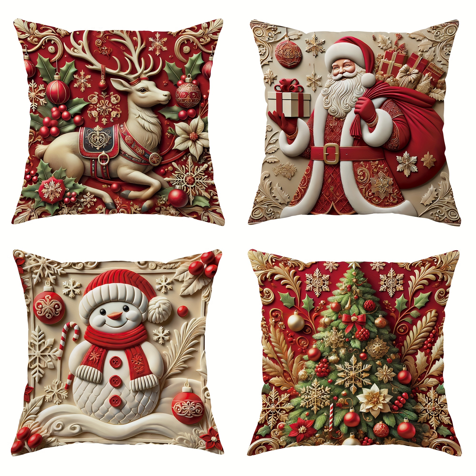 

JIT 4pcs Housses de Coussin en Velours Père Noël Cadeau 3d Mignon Rouge Doré Vert Confortable Décoratif à Imprimé Unilatéral pour Salon Chambre Canapé Lit Hiver Noël Rembourrage