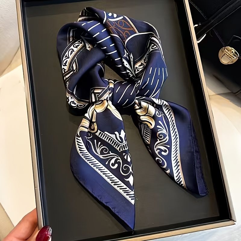 Image of Vintage Golden-foil Printed Square Scarf, 27.5 Inches, Unisex Fashion Accessory, Versatile Use As Headscarf, Shawl, Or Neckerchief, Suitable For