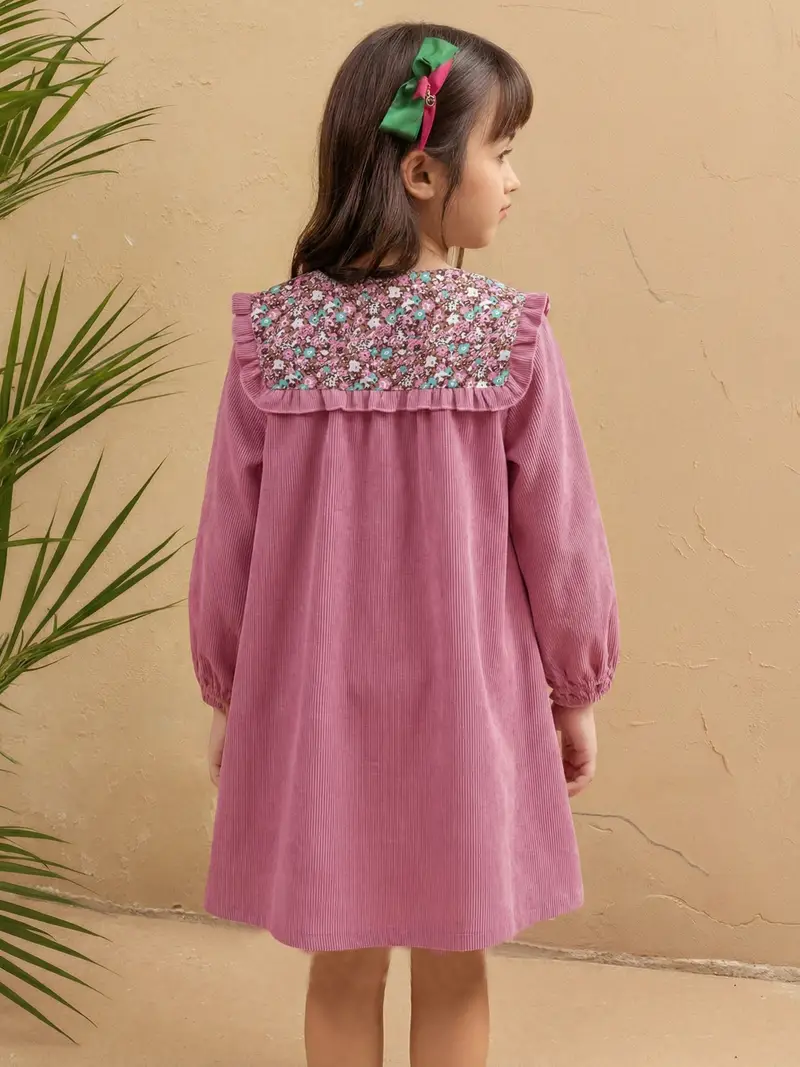 girls pink and green floral corduroy dress fall winter girls sweet corduroy dress ruffle floral collar button