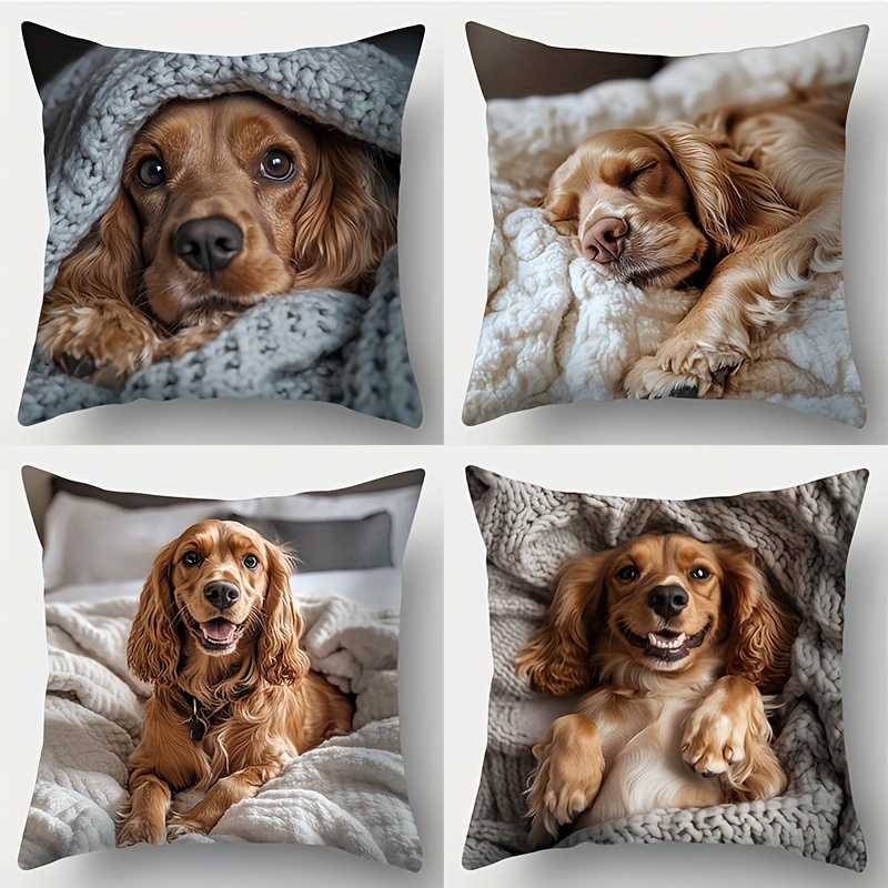 TEMU 4pcs Set, Printed Pillowcase, Spaniel Theme Pattern, The Appearance Of A Dog Wrapped In A Blanket, Sleeping , Or Smiling Happily, Is Warm And ,