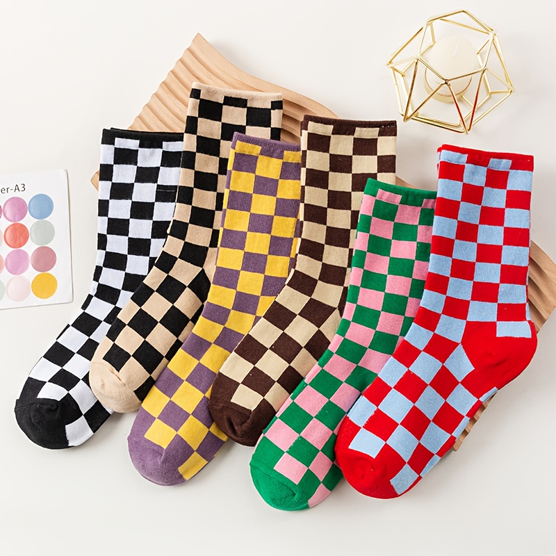 E-shop 6 Paar Damen Mid-Calf Socken, Multicolor Karo Trendige Mode High Aesthetic Damen Socken, Frühling Herbst Dünne Atmungsaktive