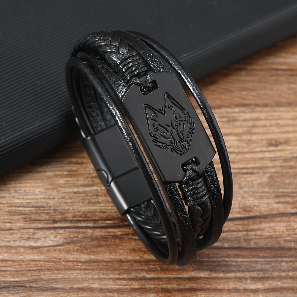 Wolf Head Pattern Pu Leather Bracelet, Casual Bracelet Jewelry